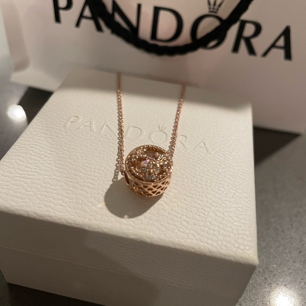 Pandora Sparkling Pink Daisy Flower Charm and Necklace - Rose Gold